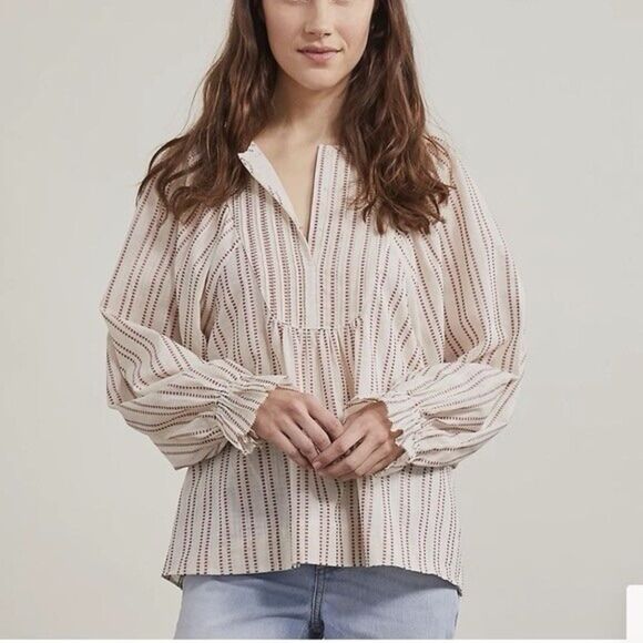 Elizabeth and James Peasant Balloon sleeve Blouse with Subtle Stripes - Picture 1 of 11